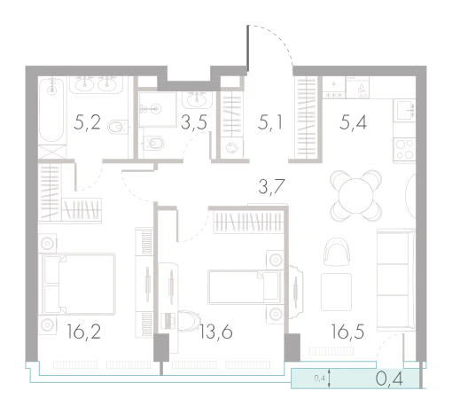 Планировка: 2-комнатная, 69,6 м²