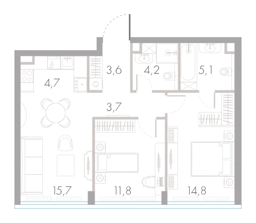 Планировка: 2-комнатная, 63,6 м²
