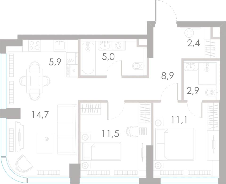 Планировка: 2-комнатная, 62,4 м²