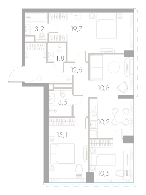 Планировка: 3-комнатная, 87,4 м²