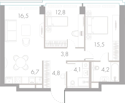 Планировка: 2-комнатная, 68,4 м²