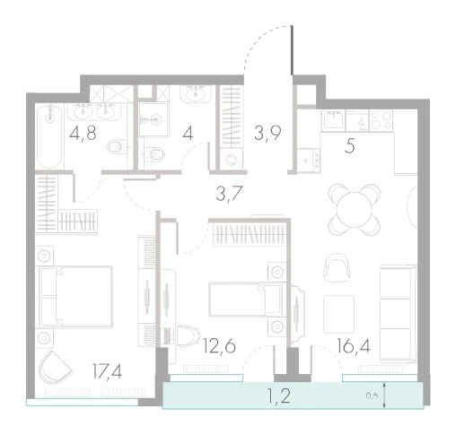 Планировка: 2-комнатная, 69 м²