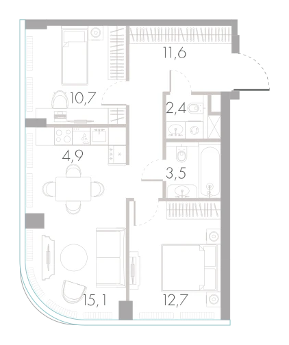 Планировка: 2-комнатная, 60,9 м²