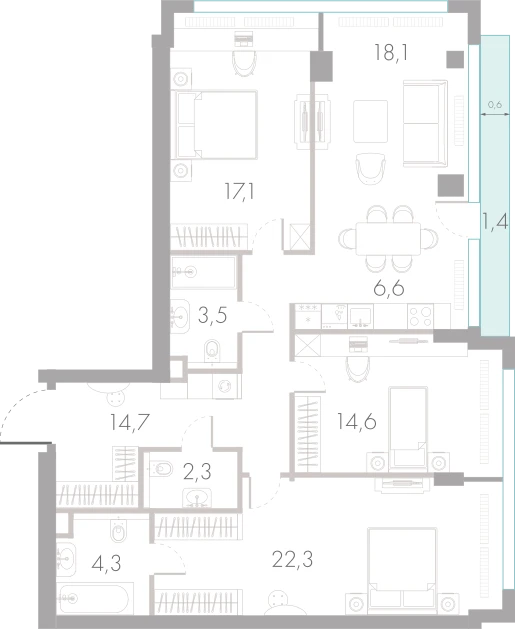 Планировка: 3-комнатная, 104,9 м²