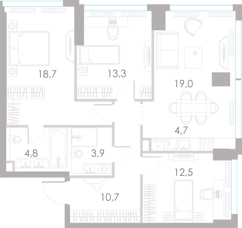 Планировка: 3-комнатная, 87,6 м²