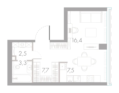 Планировка: Студия, 37,4 м²