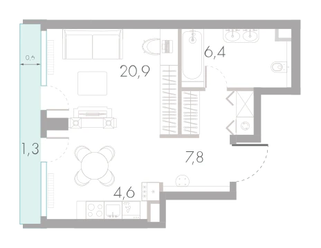 Планировка: Студия, 41 м²