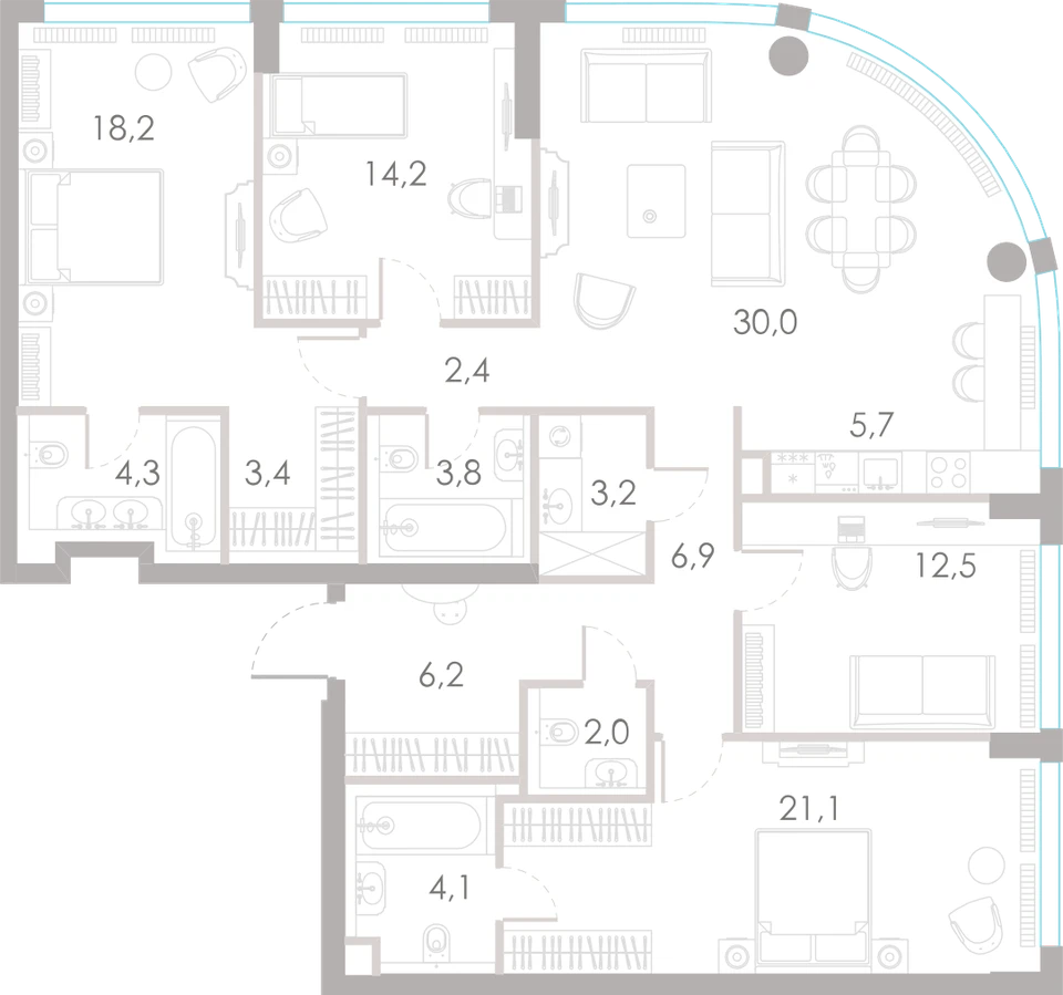Планировка: 4-комнатная, 138 м²