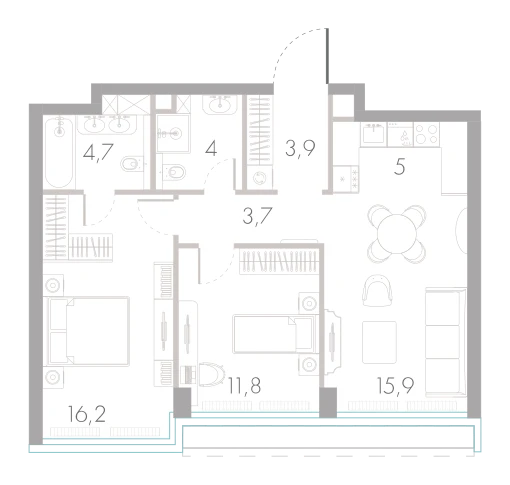 Планировка: 2-комнатная, 65,2 м²