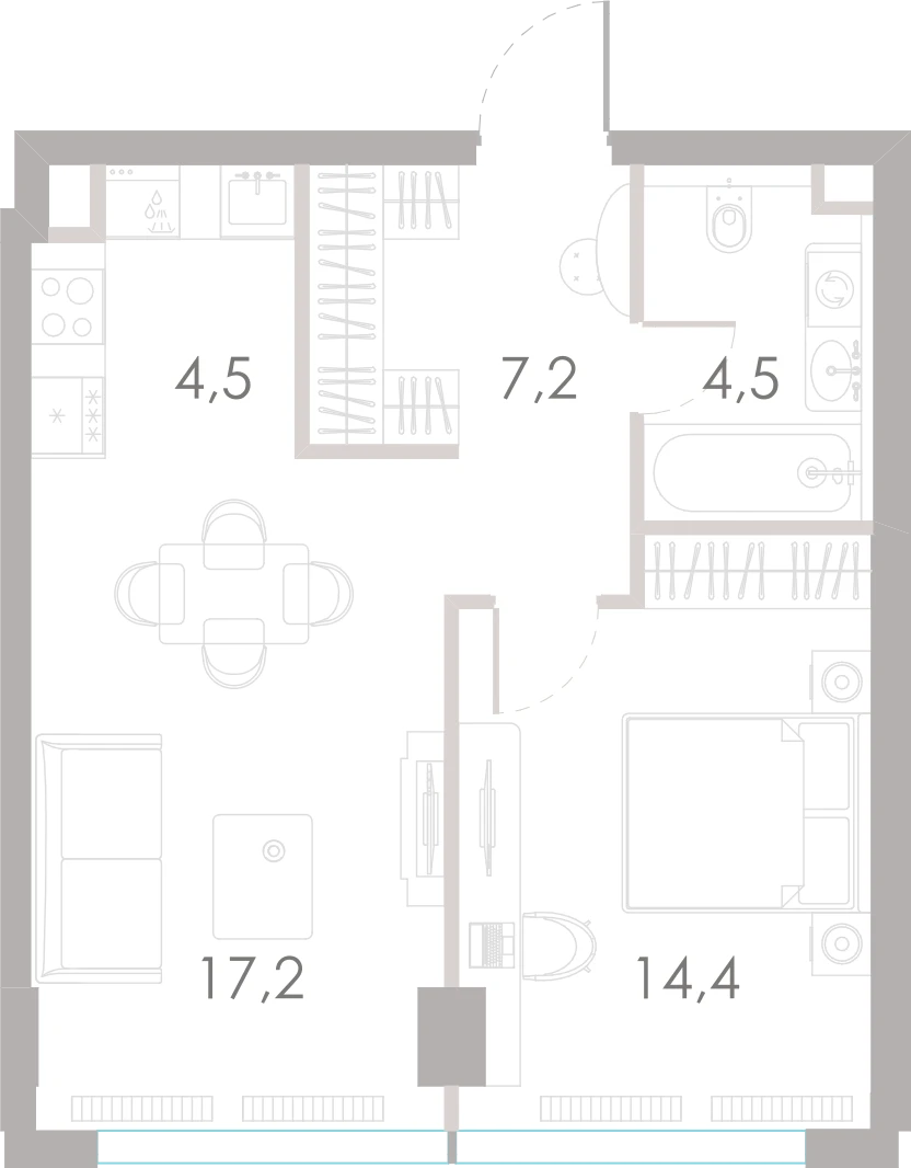 Планировка: 1-комнатная, 47,8 м²