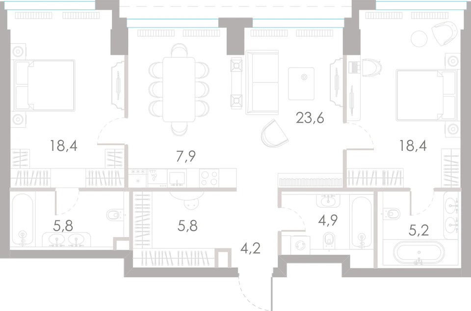 Планировка: 2-комнатная, 94,2 м²