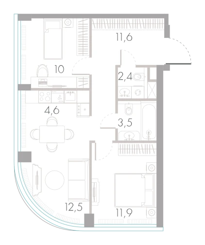 Планировка: 2-комнатная, 56,5 м²