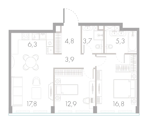 Планировка: 2-комнатная, 71,5 м²