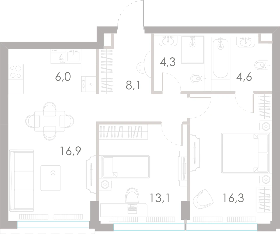 Планировка: 2-комнатная, 69,3 м²