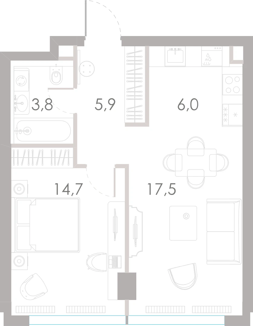 Планировка: 1-комнатная, 47,9 м²