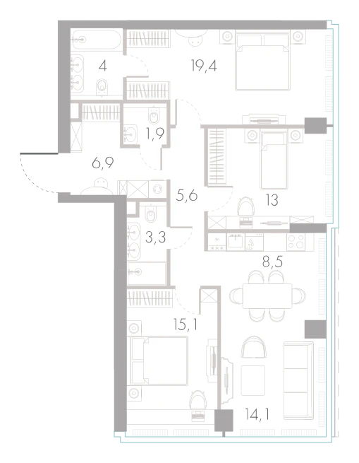Планировка: 3-комнатная, 91,8 м²