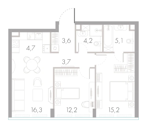 Планировка: 2-комнатная, 65 м²