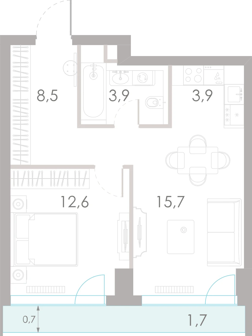 Планировка: 1-комнатная, 46,3 м²