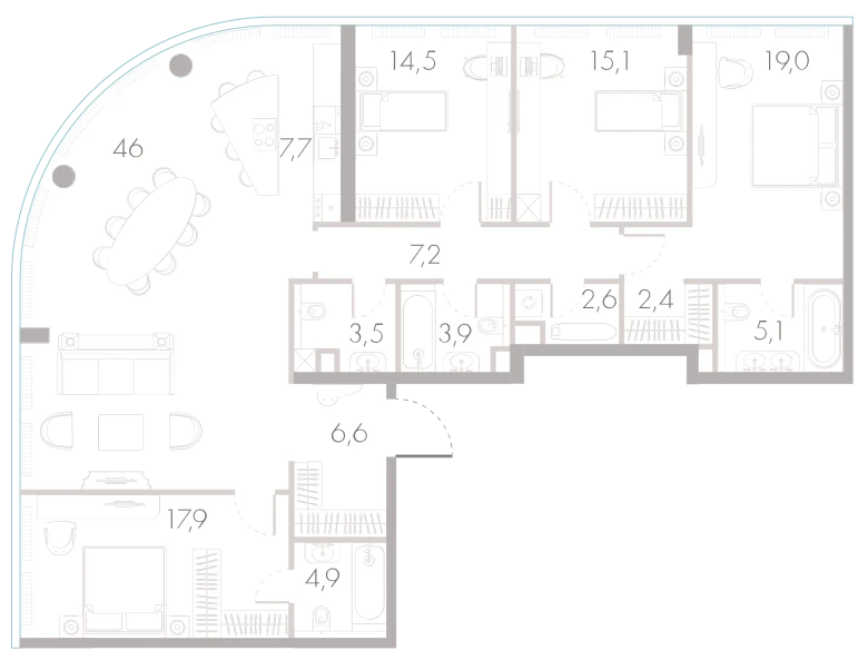 Планировка: 4-комнатная, 156,3 м²
