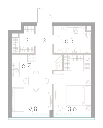 Планировка: 1-комнатная, 42,4 м²