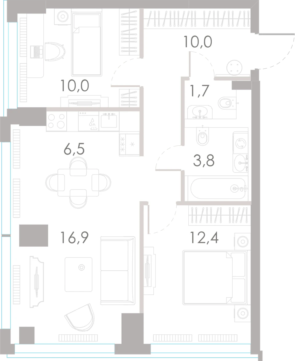 Планировка: 2-комнатная, 61,3 м²