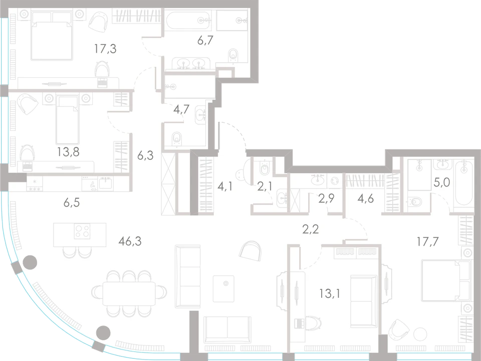 Планировка: 4-комнатная, 153,3 м²