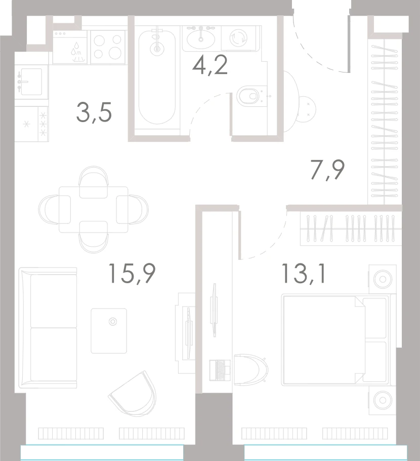 Планировка: 1-комнатная, 44,6 м²