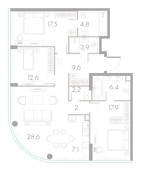 Планировка: 3-комнатная, 112,6 м²