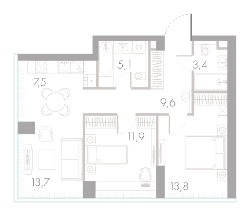 Планировка: 2-комнатная, 65 м²