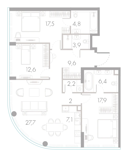Планировка: 3-комнатная, 111,7 м²