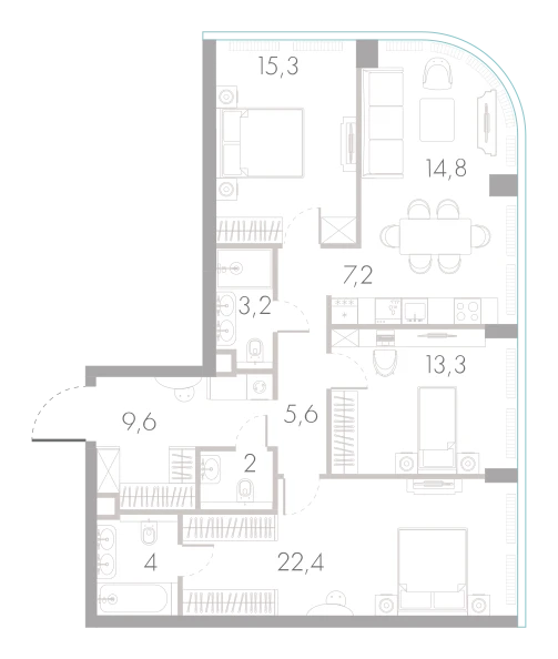 Планировка: 3-комнатная, 97,4 м²