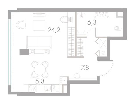 Планировка: Студия, 43,6 м²