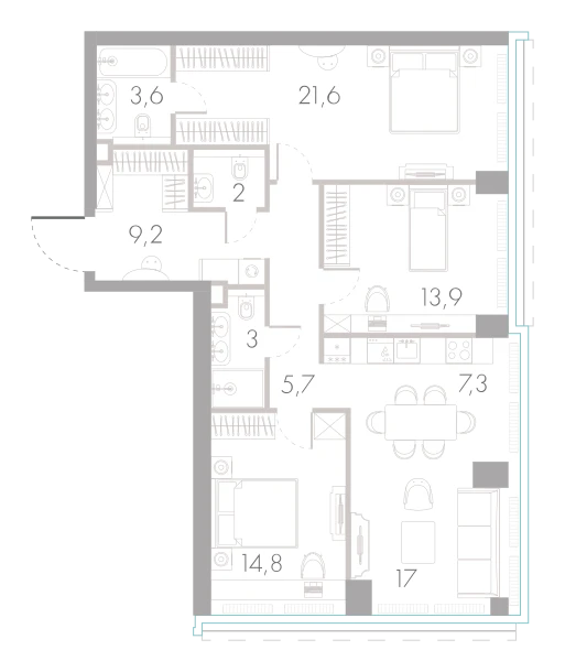 Планировка: 3-комнатная, 98,1 м²