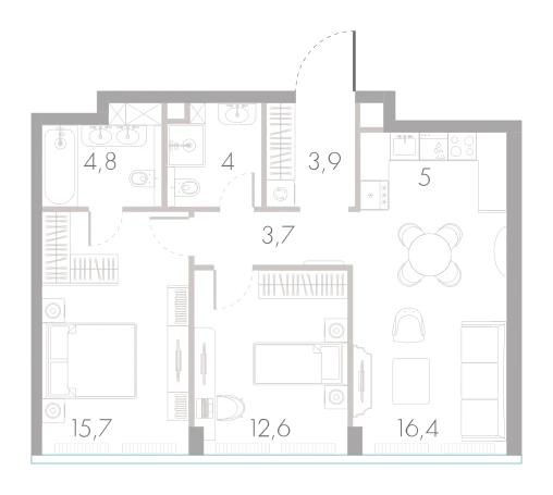 Планировка: 2-комнатная, 66,1 м²