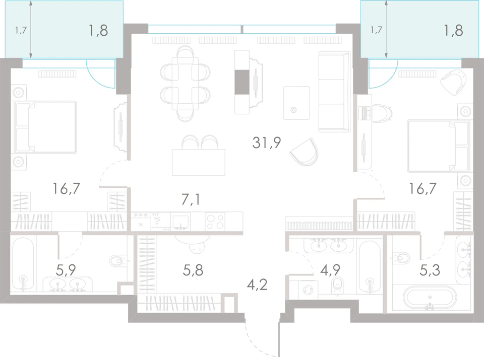 Планировка: 2-комнатная, 102,1 м²