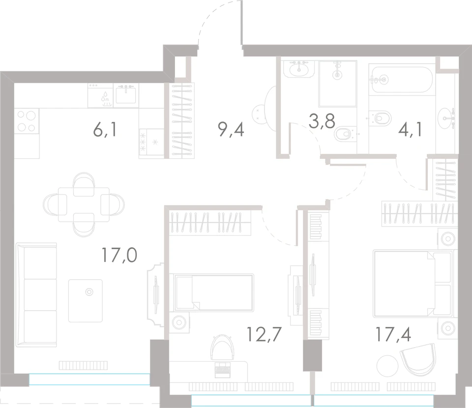 Планировка: 2-комнатная, 70,5 м²