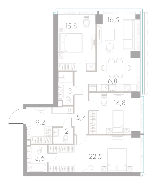 Планировка: 3-комнатная, 99,9 м²