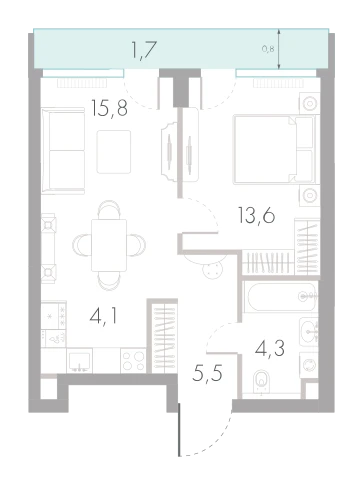 Планировка: 1-комнатная, 45 м²