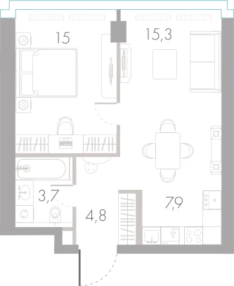 Планировка: 1-комнатная, 46,7 м²