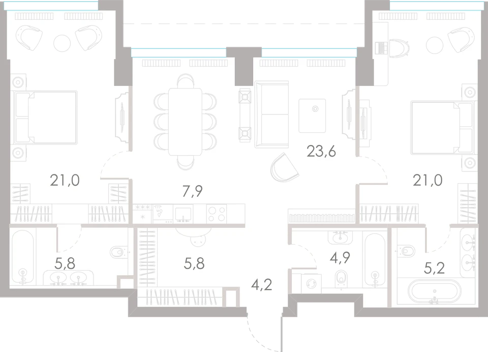 Планировка: 2-комнатная, 99,4 м²