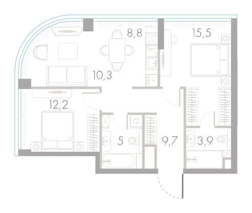 Планировка: 2-комнатная, 65,4 м²