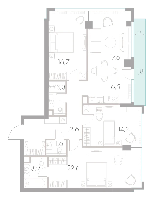 Планировка: 3-комнатная, 100,8 м²