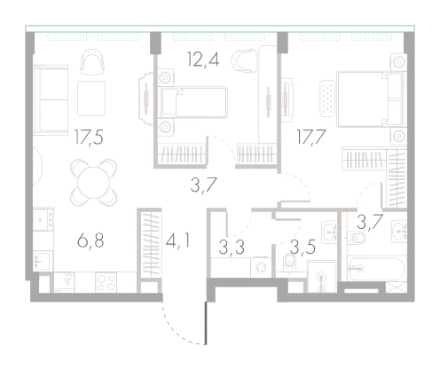 Планировка: 2-комнатная, 72,7 м²
