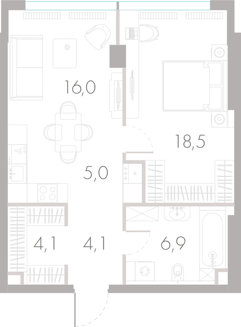Планировка: 1-комнатная, 54,6 м²