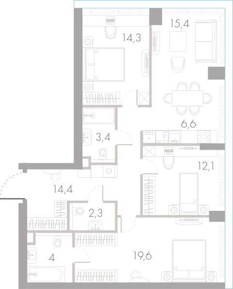 Планировка: 3-комнатная, 92,1 м²