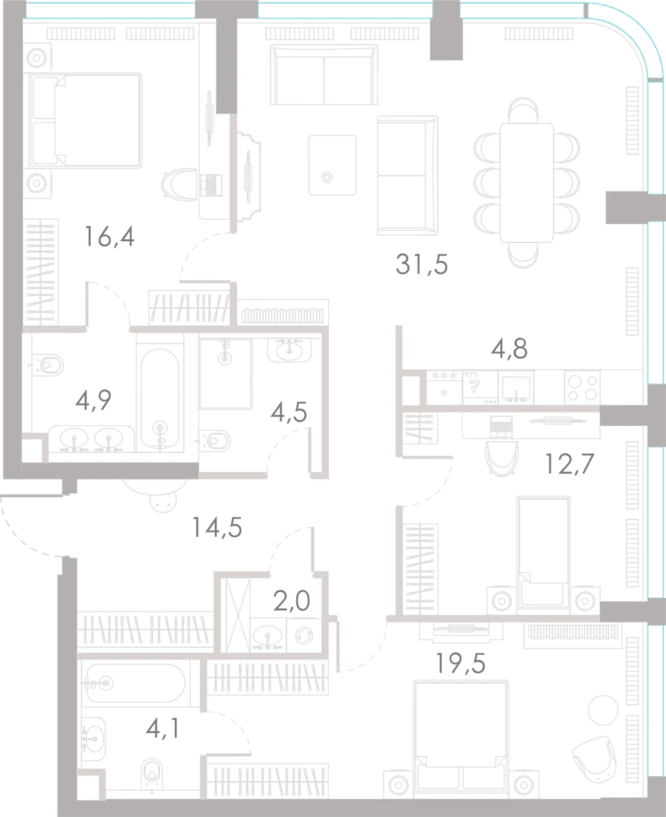 Планировка: 3-комнатная, 114,9 м²
