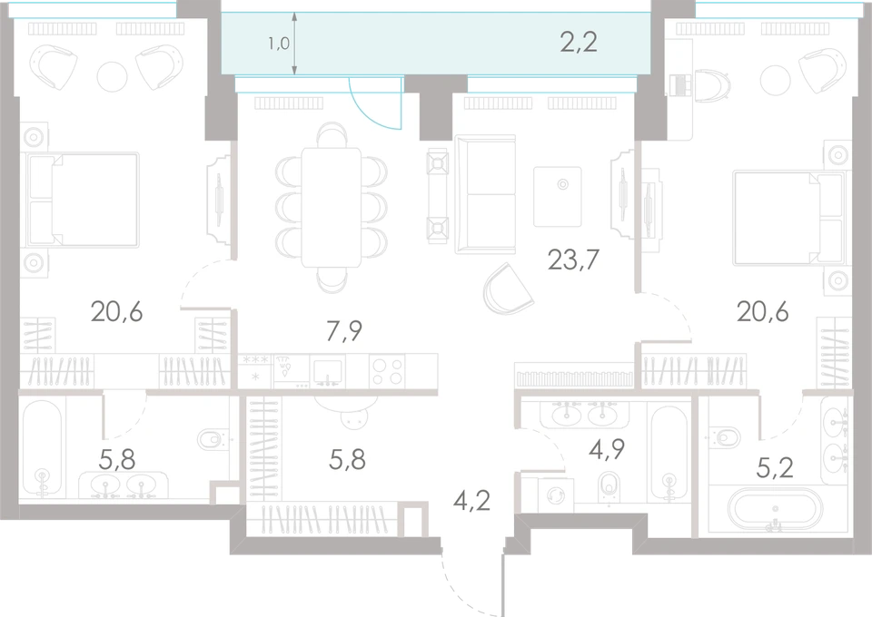 Планировка: 2-комнатная, 100,9 м²