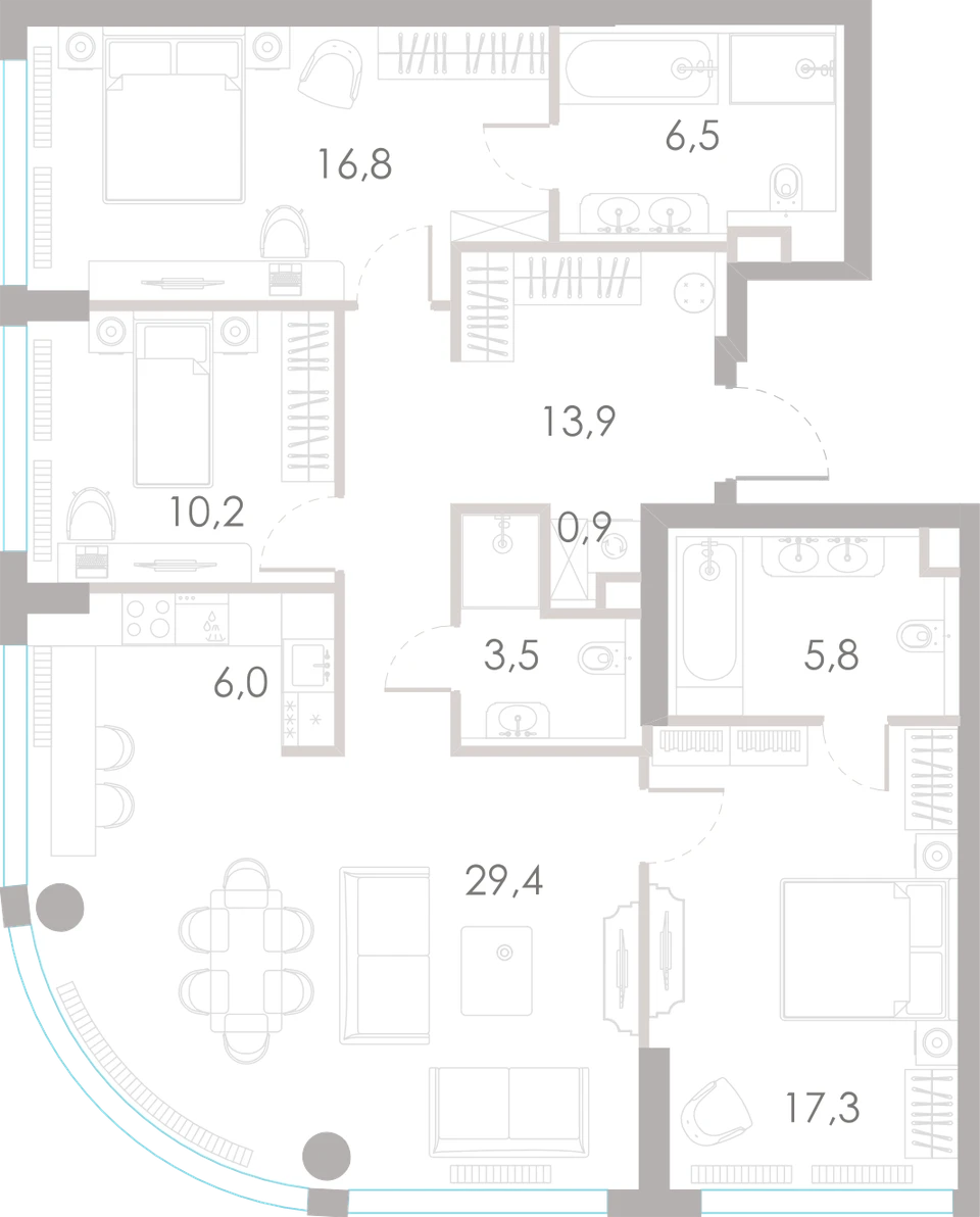 Планировка: 3-комнатная, 110,3 м²