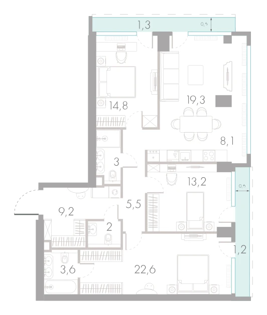 Планировка: 3-комнатная, 103,8 м²