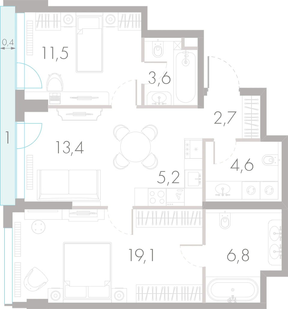 Планировка: 2-комнатная, 67,9 м²